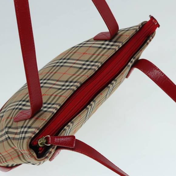 BURBERRY Nova Check Hand Bag Canvas Leather Beige Gold Red Auth 90271 - Picture 6 of 16